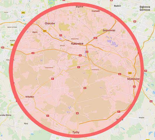 Mapa zasięgu serwisu V-serwis: Katowice i okolice